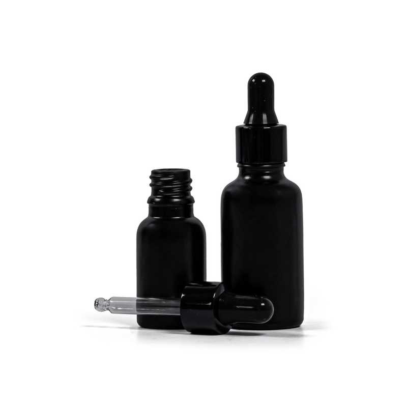 Mattschwarze Glasflasche, schwarz glänzender Tropfenzähler, 30 ml