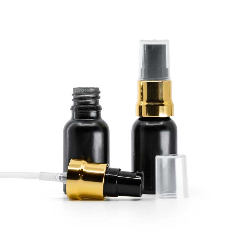 Mattschwarze Glasflasche, glänzende goldschwarze Pumpe mit klarer Überkappe, 15 ml