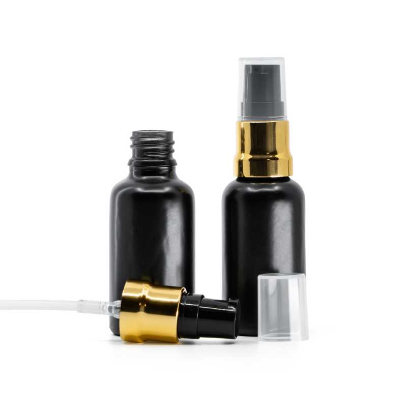 Mattschwarze Glasflasche, glänzende goldschwarze Pumpe mit klarer Überkappe, 30 ml