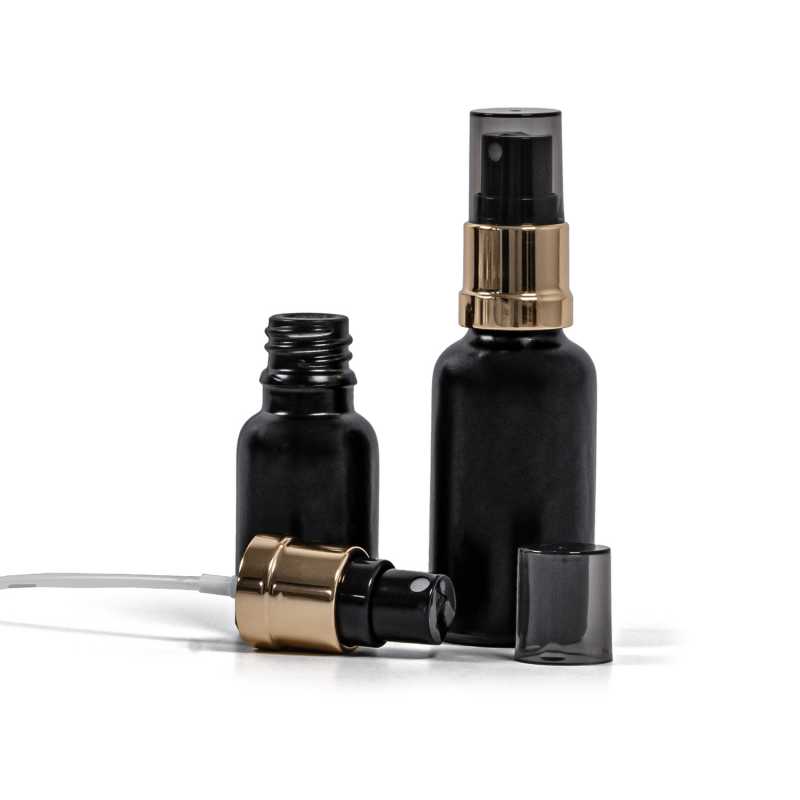 Mattschwarze Glasflasche, goldschwarzer Sprühkopf, rauchfarbener Überkappe, 30 ml