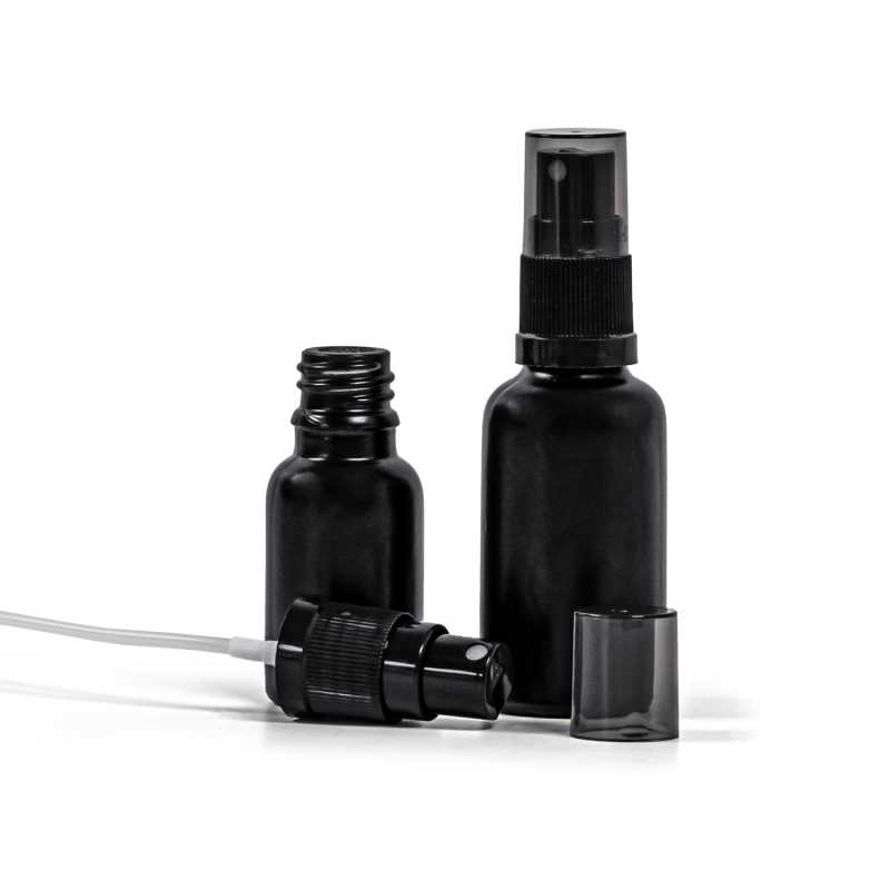 Mattschwarze Glasflasche, schwarzer Feinnebelzerstäuber, rauchige Überkappe, 30 ml