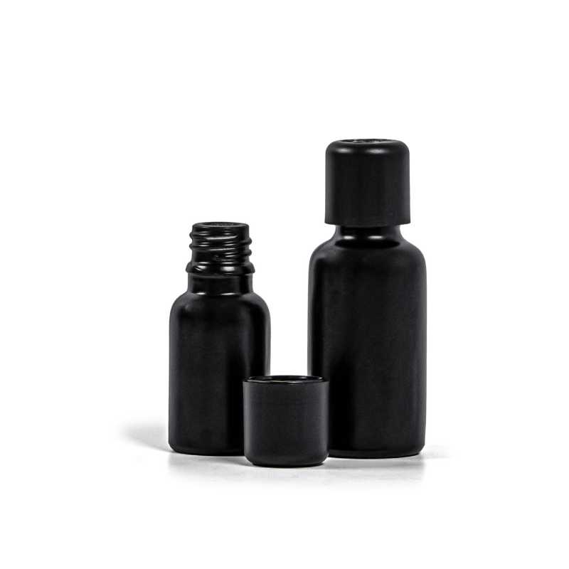 Mattschwarze Glasflasche, schwarze Sicherheitsverschlusskappe und Tropfer 30 ml