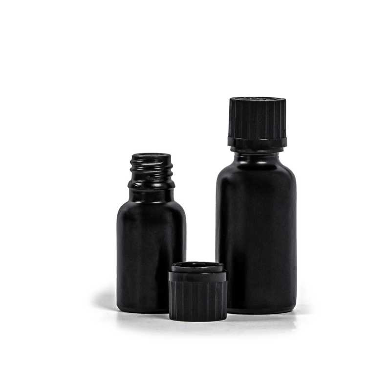 Mattschwarze Glasflasche, schwarze Sicherheitskappe und Tropfer, 15 ml