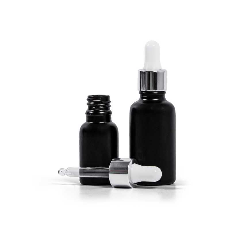 Mattschwarze Glasflasche, silberglänzende weiße Pipette, 15 ml