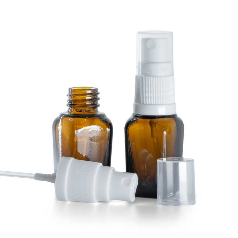 Quadratische Braunglasflasche, weißes Spray, 10 ml