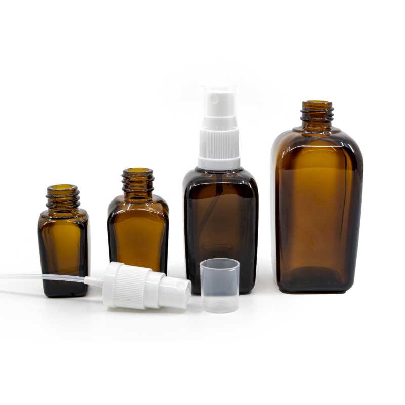 Quadratische Braunglasflasche, weißes Spray, 20 ml