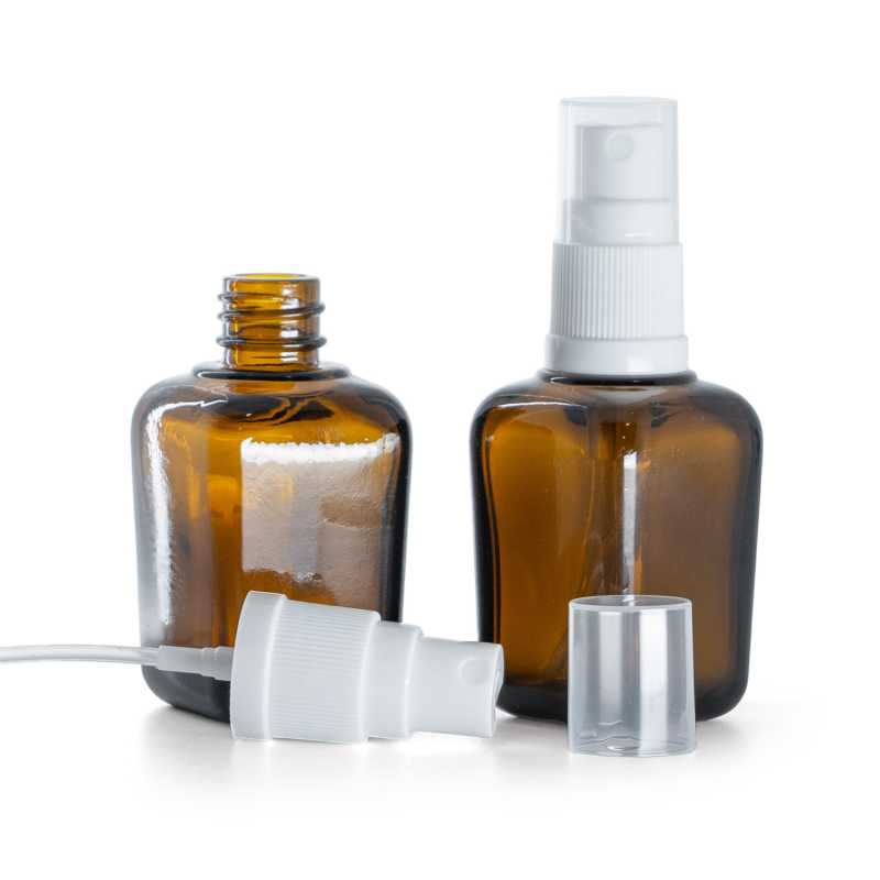 Quadratische Braunglasflasche, weißer Nebelzerstäuber, 30 ml