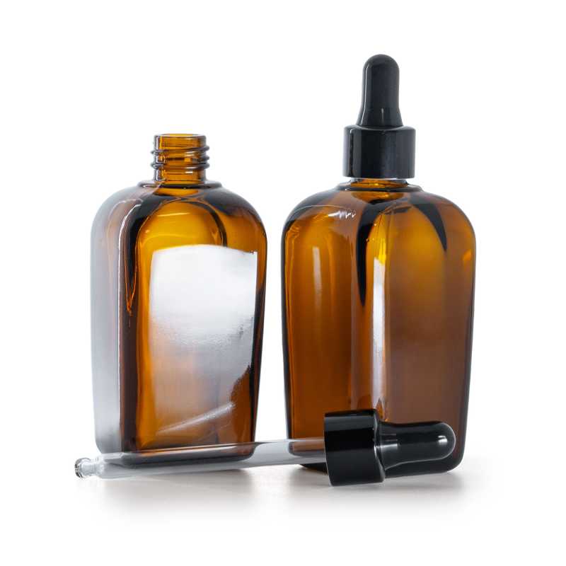 Quadratische Bernsteinglasflasche, schwarz glänzender Tropfenzähler, 90 ml