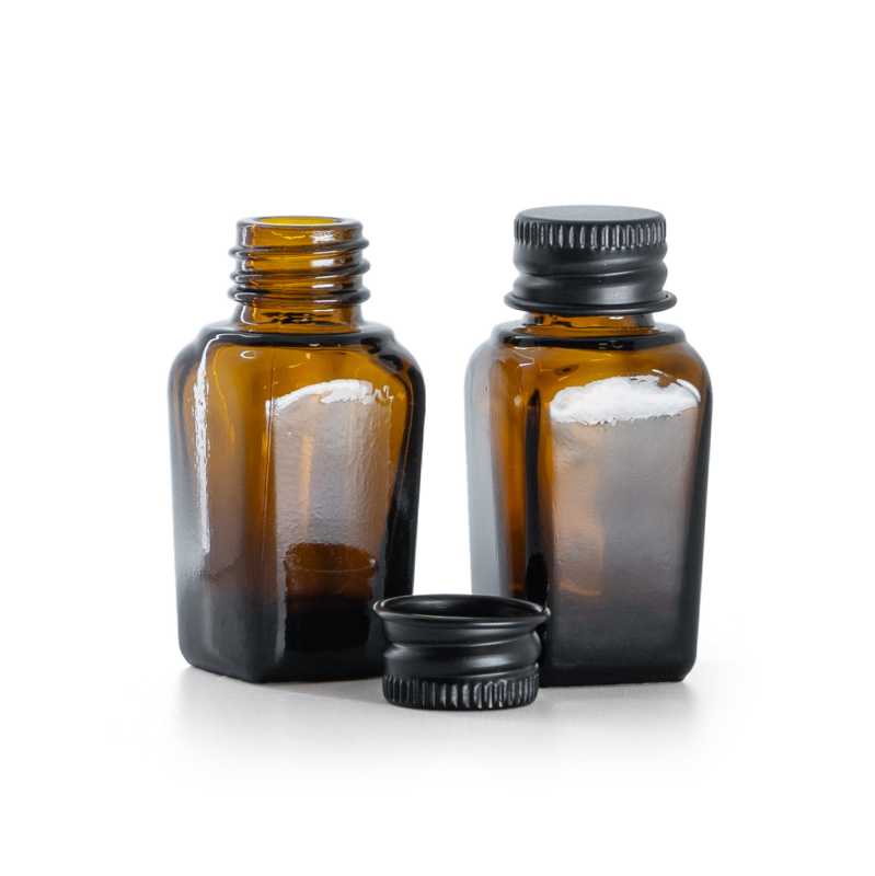 Quadratische Braunglasflasche, schwarzer Aluminiumverschluss, 10 ml