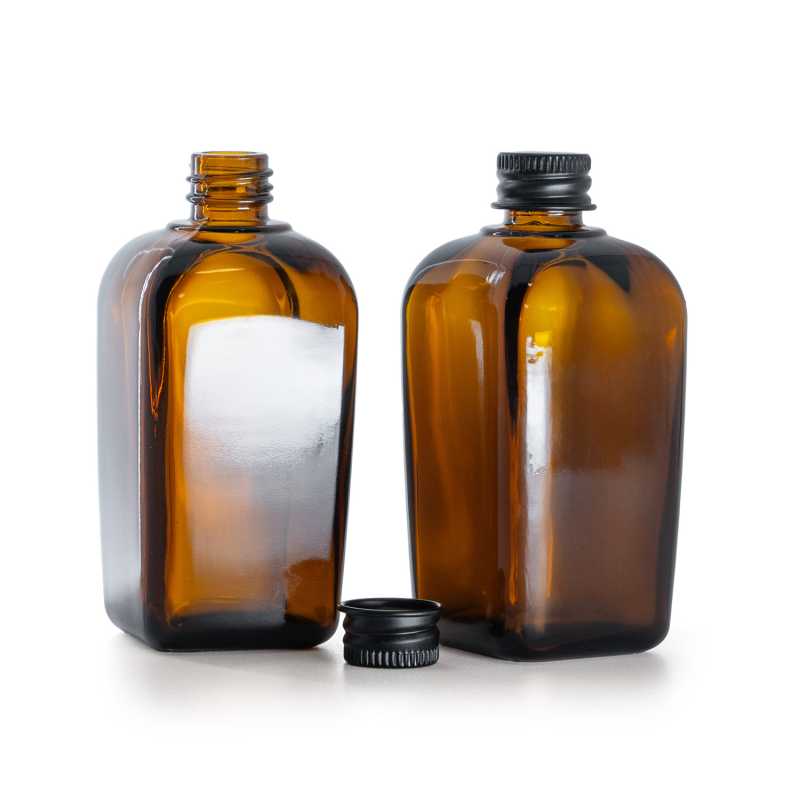 Quadratische Braunglasflasche, schwarzer Aluminiumdeckel, 90 ml