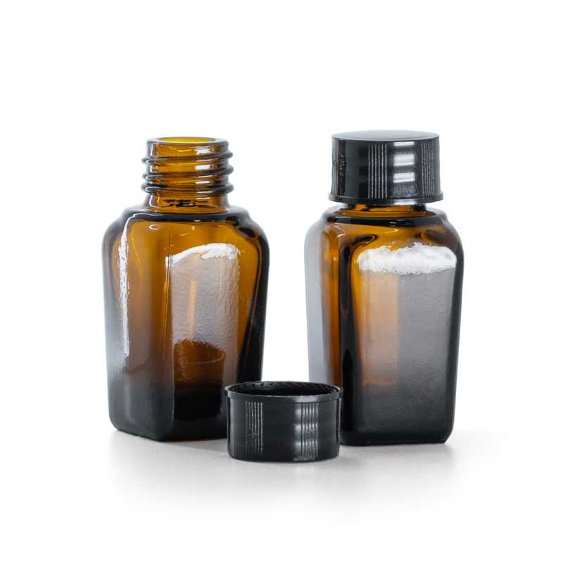 Quadratische Braunglasflasche, schwarzer Verschluss, 10 ml