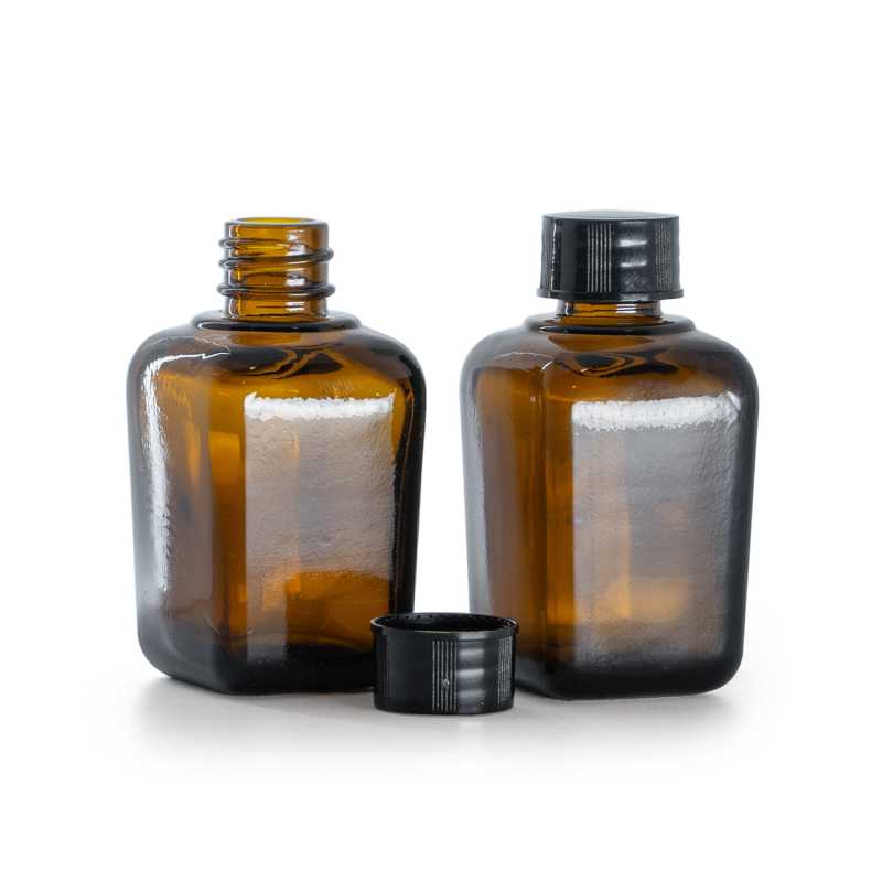 Quadratische Braunglasflasche, schwarzer Verschluss, 30 ml