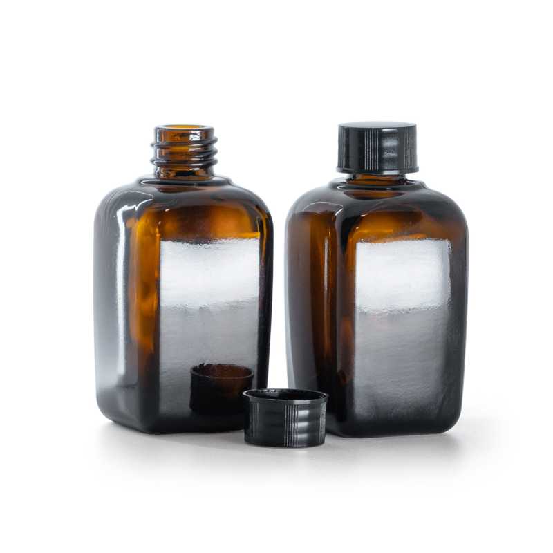 Quadratische Braunglasflasche, schwarzer Verschluss, 45 ml