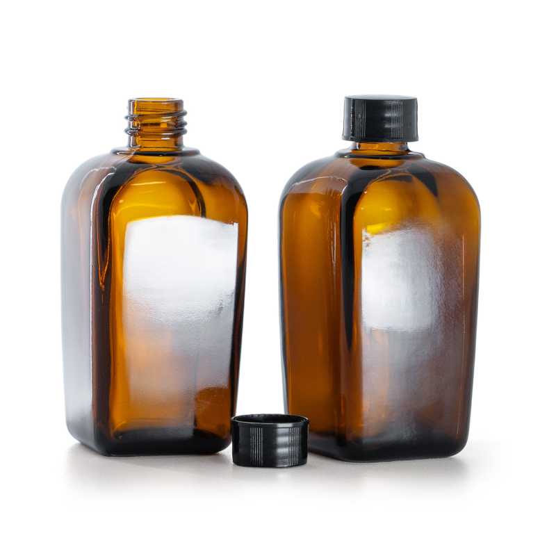 Quadratische Braunglasflasche, schwarzer Verschluss, 90 ml