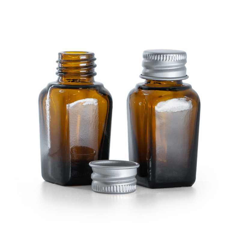 Quadratische Braunglasflasche, silberne Aluminiumkappe, 10 ml