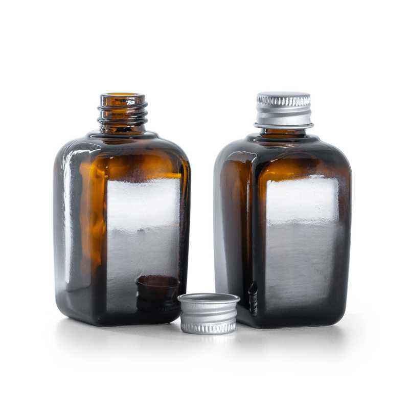 Quadratische Braunglasflasche, silberne Aluminiumkappe, 45 ml