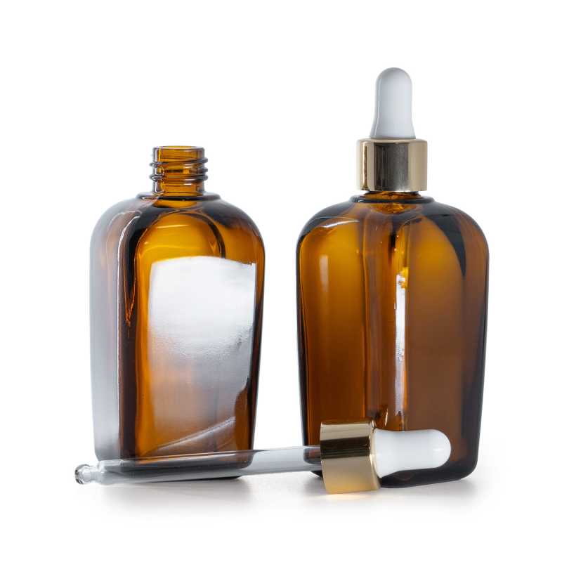 Quadratische Braunglasflasche, Weißgoldtropfer, 90 ml