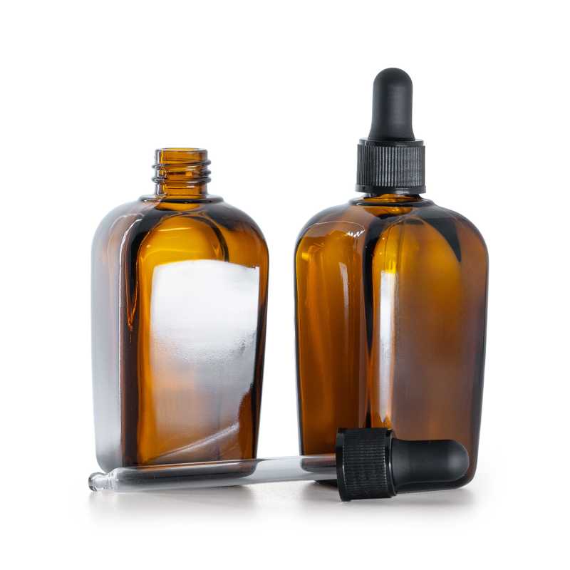 Quadratische Bernsteinglasflasche, mattschwarzer Tropfenzähler, 90 ml