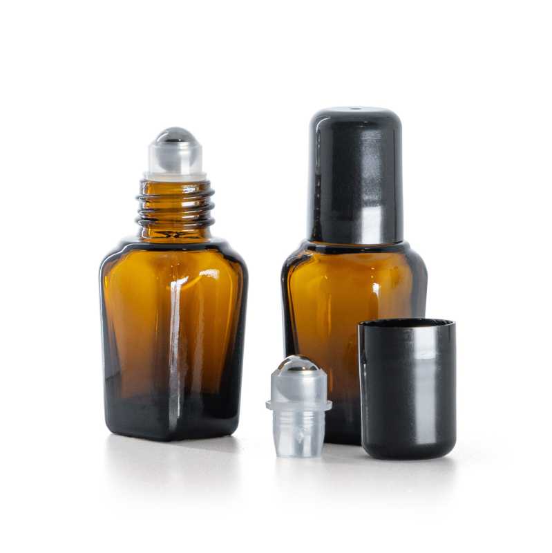 Quadratische Braunglasflasche mit Roll-On, 10 ml