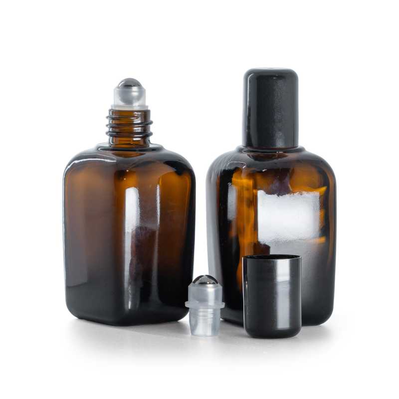 Quadratische Braunglasflasche mit Roll-On, 45 ml