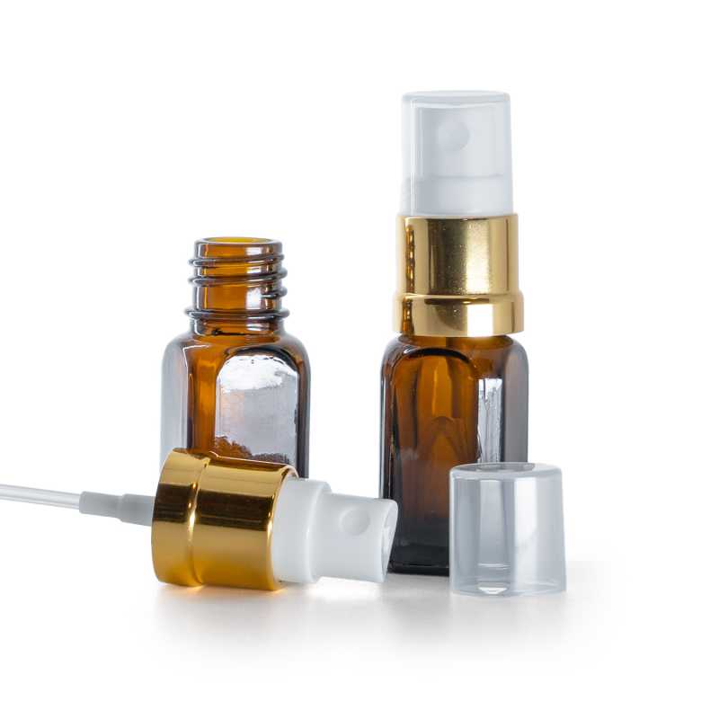 Braunglas-Winkelflasche, glänzend gold-weißes Spray, 10 ml