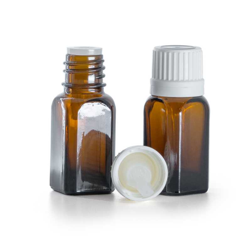 Braunglas-Winkelflasche mit weißem Originalitätsverschluss und Tropfer, 10 ml