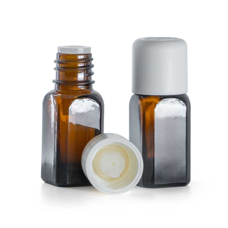 Braunglas-Winkelflasche mit weißer Sicherheitskappe und Tropfer, 10 ml