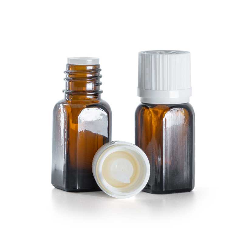 Braunglas-Winkelflasche mit weißer Sicherheitsverschlusskappe und Tropfer, 10 ml