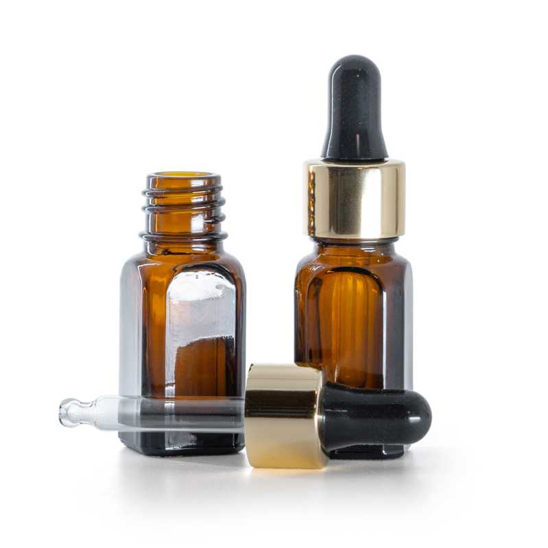 Eckige Glasflasche gerade, schwarz-goldene Pipette, 10 ml