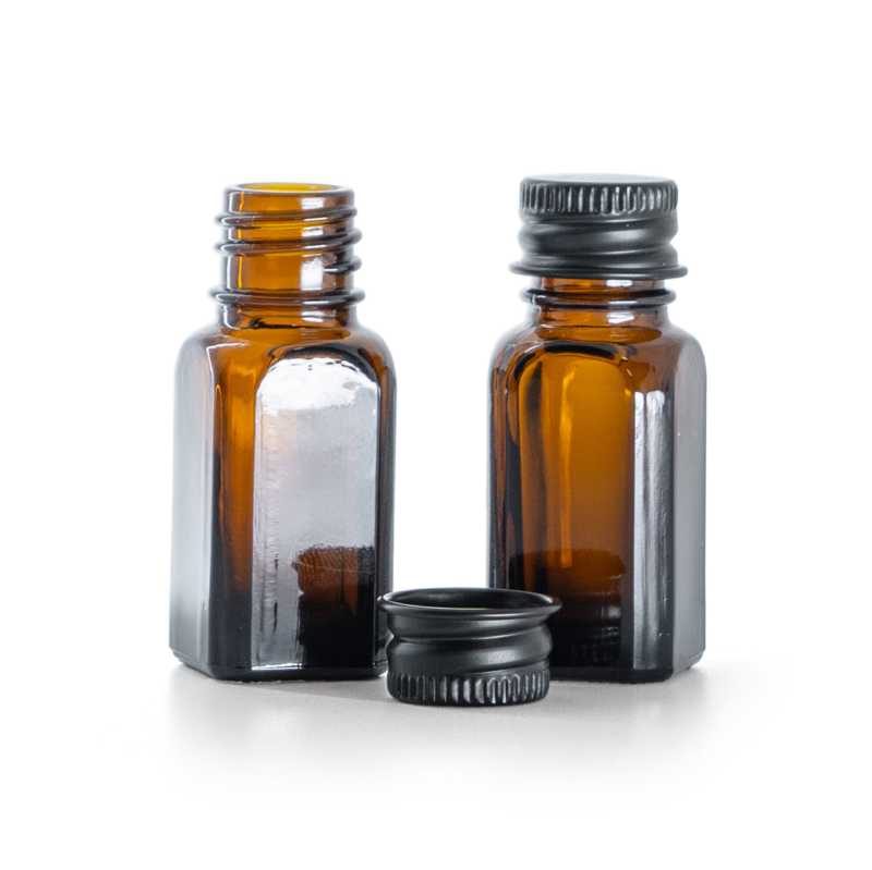 Braunglas-Winkelflasche mit schwarzem Aluminiumverschluss, 10 ml