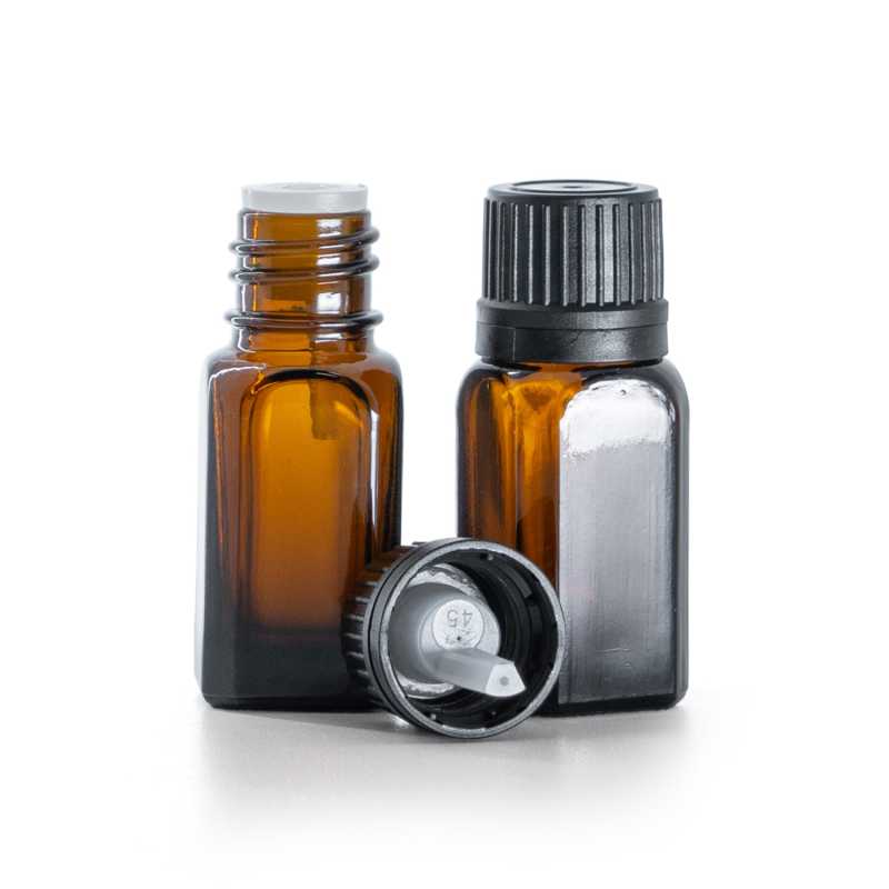 Braunglas-Winkelflasche mit schwarzer Kappe und Tropfer 10 ml
