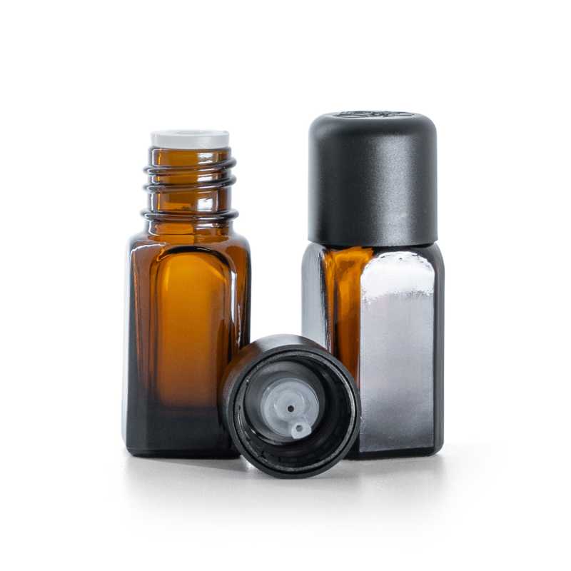 Braunglas-Winkelflasche mit schwarzer Sicherheitsverschlusskappe und Tropfer 10 ml