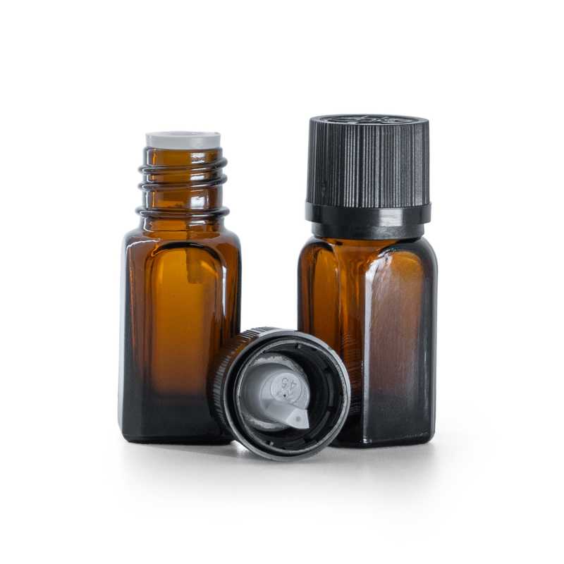 Braunglas-Winkelflasche mit schwarzer Sicherheitskappe und Tropfer 10 ml