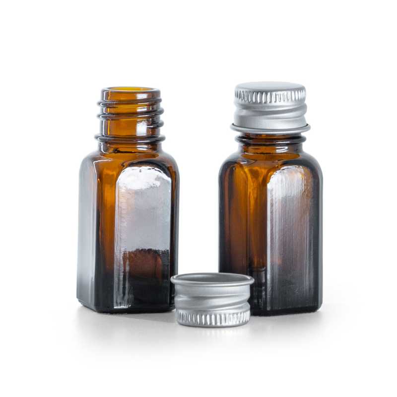 Braunglas-Winkelflasche mit silberner Aluminiumkappe, 10 ml
