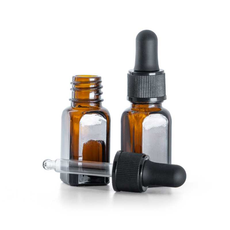 Eckige Glasflasche mit schwarzer Kunststoff-Pipette 10 ml