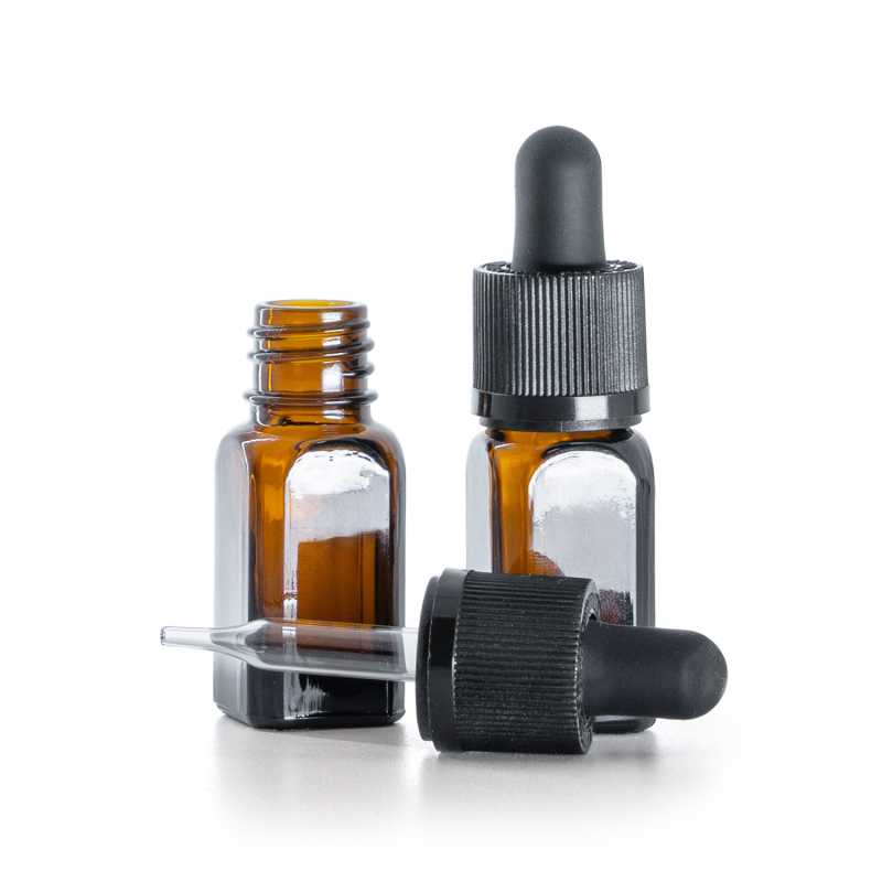 Braunglas-Winkelflasche, schwarzer Sicherheitstropfer mit Originalitätssicherung, 10 ml