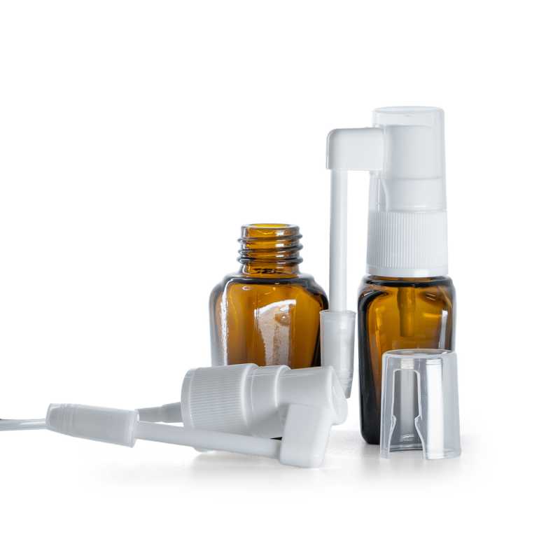 Quadratische Braunglasflasche, weißes Mundspray, 10 ml