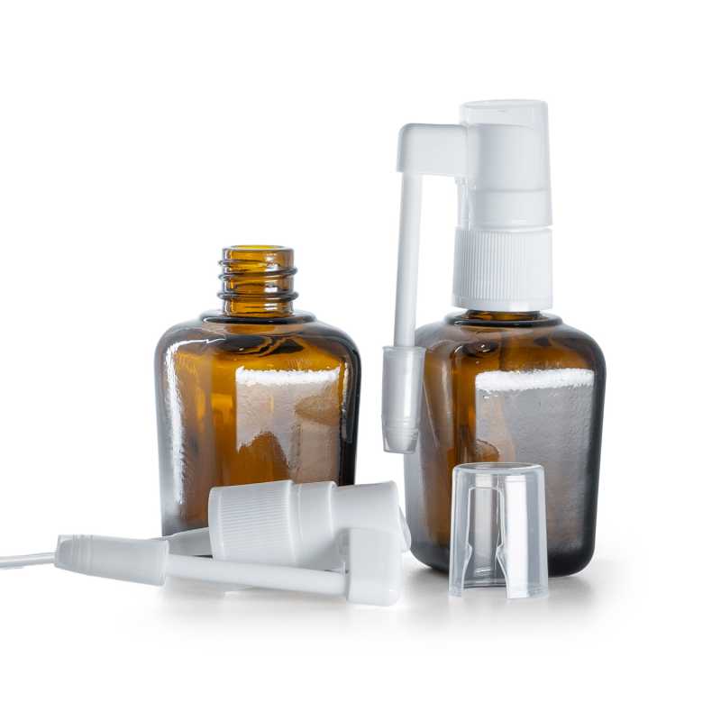 Quadratische Braunglasflasche, weißes Mundspray, 30 ml