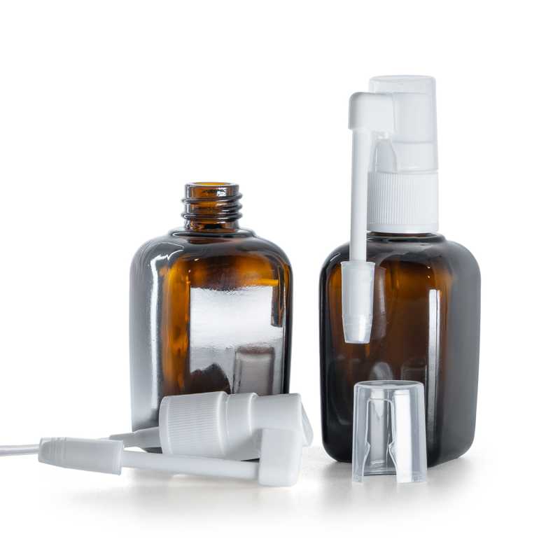 Quadratische Braunglasflasche, weißes Mundspray, 45 ml