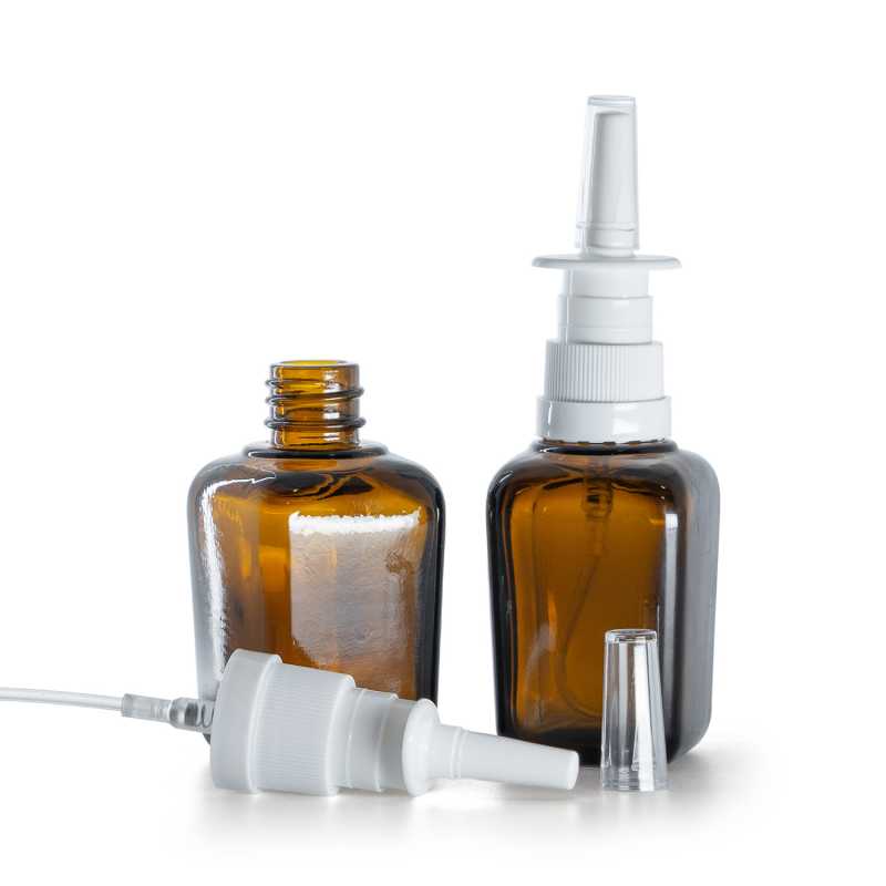 Quadratische Braunglasflasche, weißes Nasenspray, 30 ml