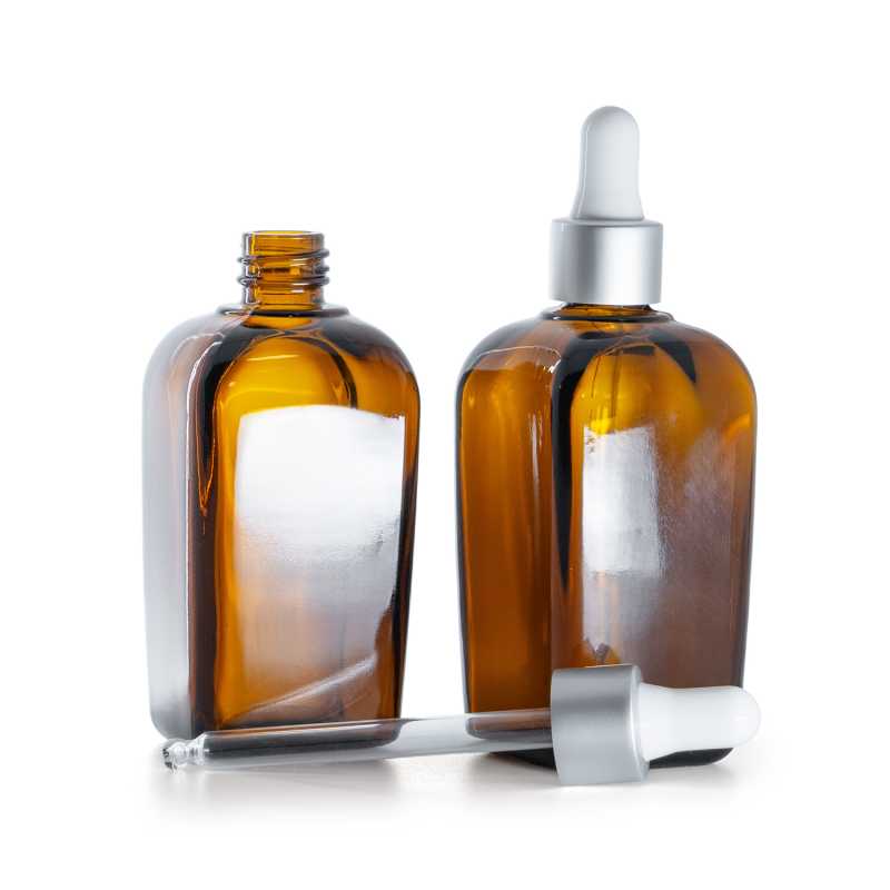 Quadratische Bernsteinglasflasche, mattsilberne Pipette, 90 ml