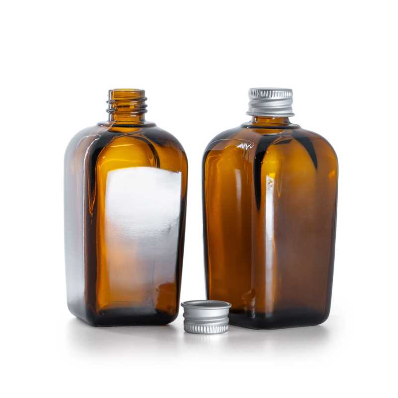 Quadratische Braunglasflasche, silberner Aluminiumverschluss, 90 ml