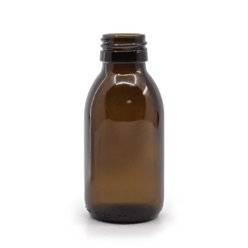 Bernsteinfarbene runde Sirup-Glasflasche, PP28, 100 ml
