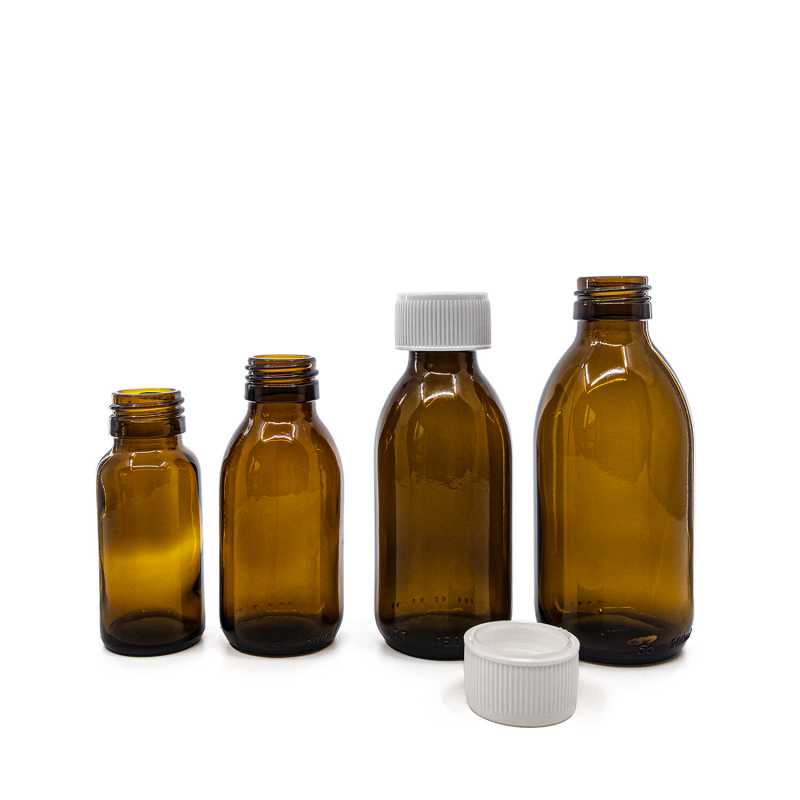 Bernsteinfarbene runde Sirup-Glasflasche, 28 mm, weißer Sicherheitsverschluss, 200 ml