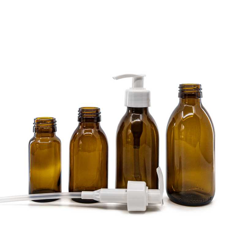 Bernsteinfarbene runde Sirup-Glasflasche, 28 mm, weiße Pumpe, 50 ml