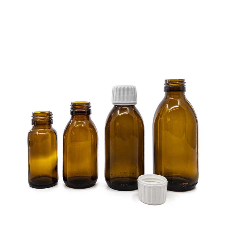 Bernsteinfarbene runde Sirup-Glasflasche, 28 mm, weißer Verschluss, 200 ml