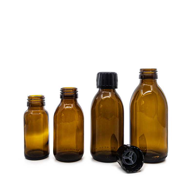 Bernsteinfarbene runde Sirup-Glasflasche, 28 mm, schwarzer Verschluss und Ausgießer, 50 ml