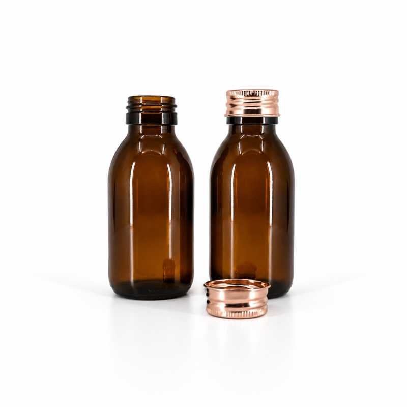 Braunes Glasfläschchen, 28 mm Hals, roségoldener Aluminiumverschluss, 100 ml