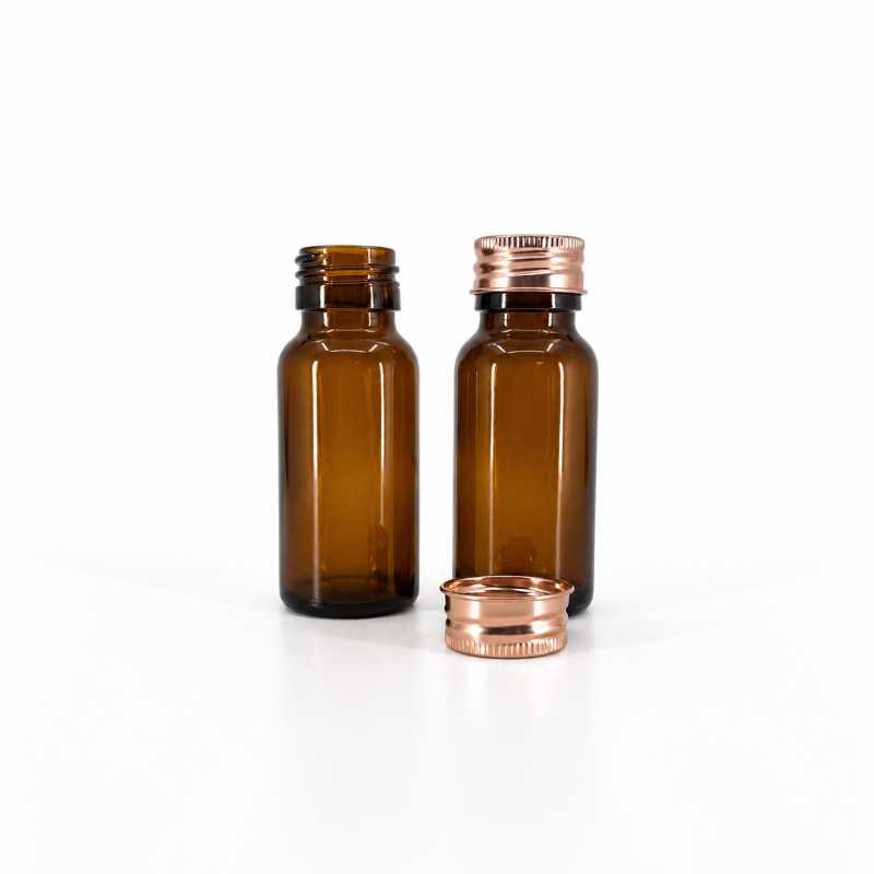 Braunes Glasfläschchen, 50 ml, 28 mm, roségoldener Aluminiumverschluss
