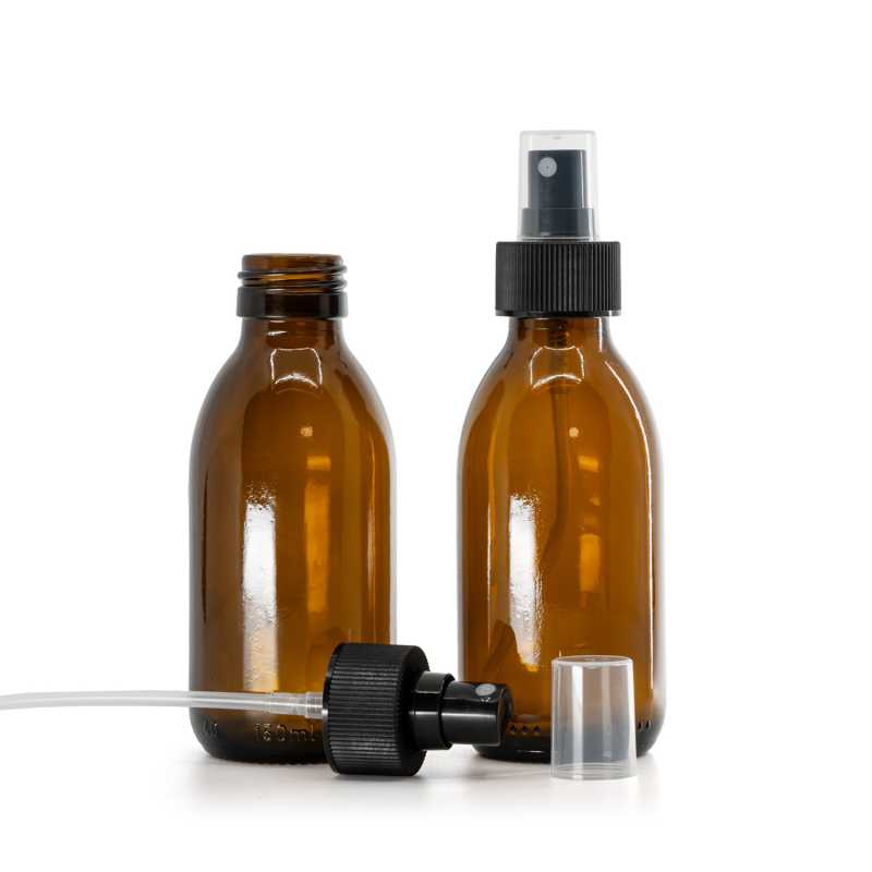 Bernsteinfarbene runde Sirup-Glasflasche, PP28, feiner Nebelzerstäuber, schwarz, gerippter Kragen, 2